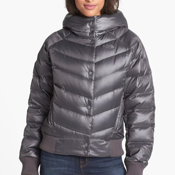 NWOT The North Face Down Jacket with Hood -Hey Mama Bomba in Graphite Gray - Picture 2 of 4